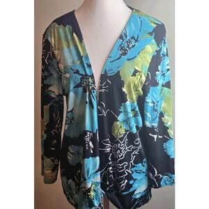 Womens Chicos Additions Size 1 Cardigan Black Teal Floral Print Lightweight EUC